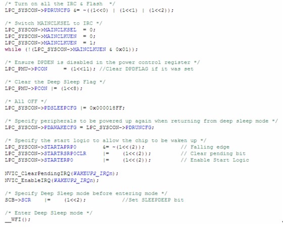 代码示例（深度睡眠模式）--LPCXpresso环境下的LPC1100低功耗模式和唤醒时钟